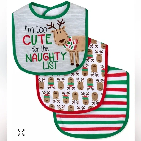 Baby Essentials Reindeer Bib Trio - Gray, Red, Green - Picture 1 of 5
